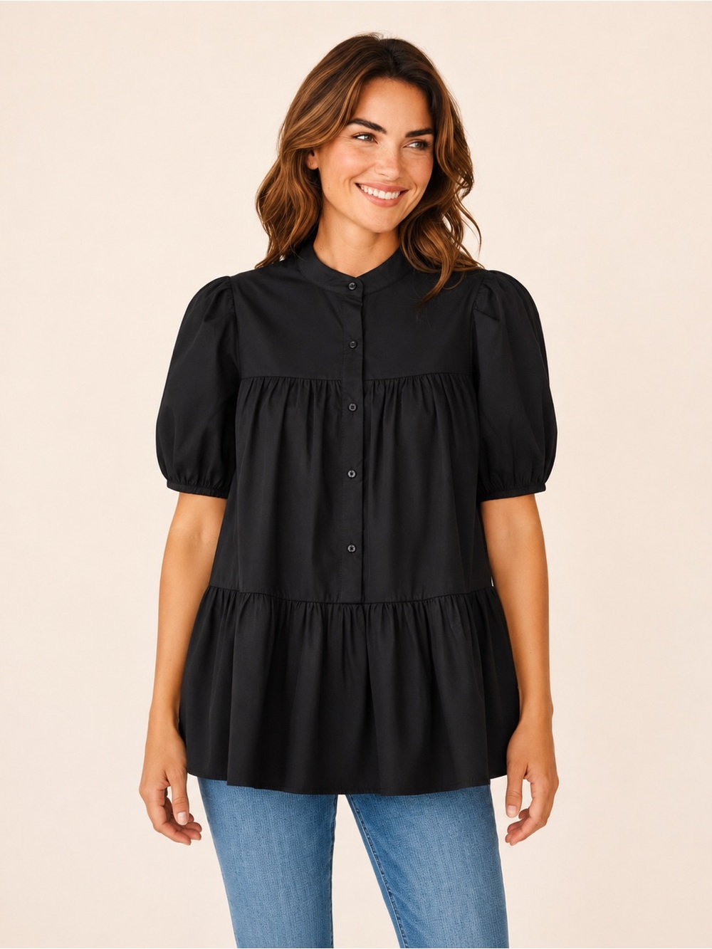 WAYF Black Puff Sleeve Tiered Button Front Blouse Size M - Picture 2 of 5